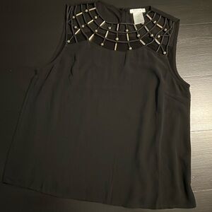 Esley Womens Beaded Neck Sleeveless Blouse Black Gold Accent Top Size M